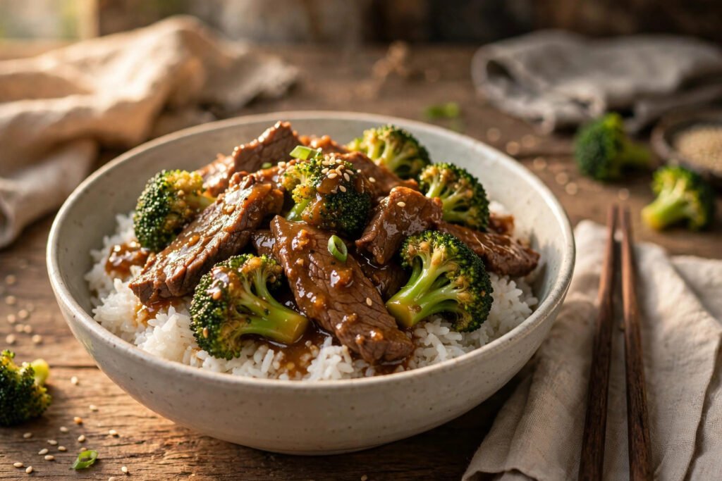 Slow cooker beef and broccoli in glossy sauce