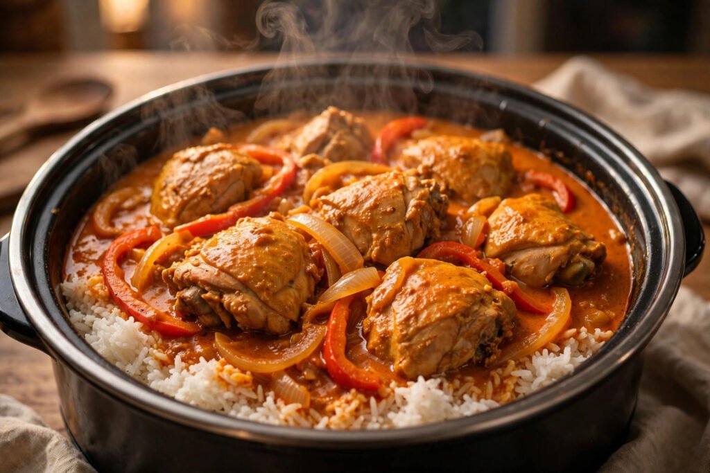 Slow cooker chicken curry with peppers and onion in a coconut sauce over rice