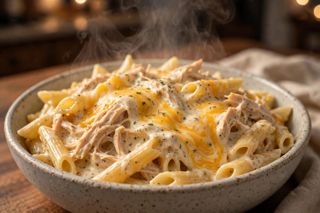Slow cooker creamy ranch chicken shredded in a cheddar cream sauce over pasta