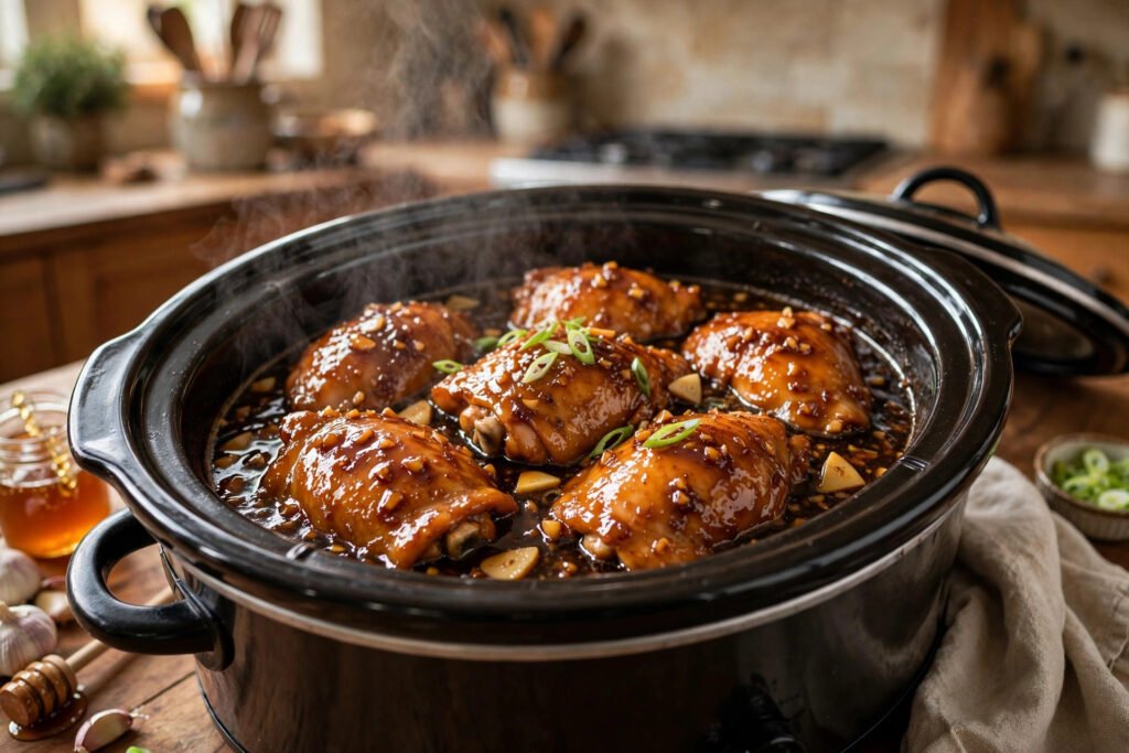 Slow cooker honey garlic chicken thighs in glossy sauce