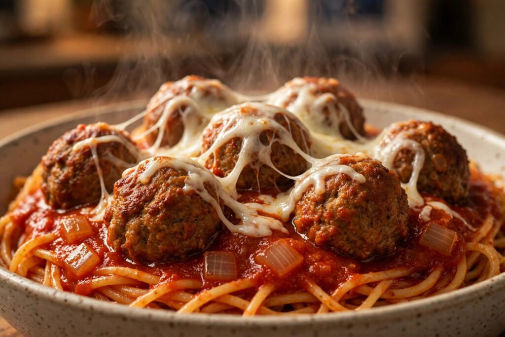 Slow cooker meatballs in marinara sauce topped with melted mozzarella over spaghetti