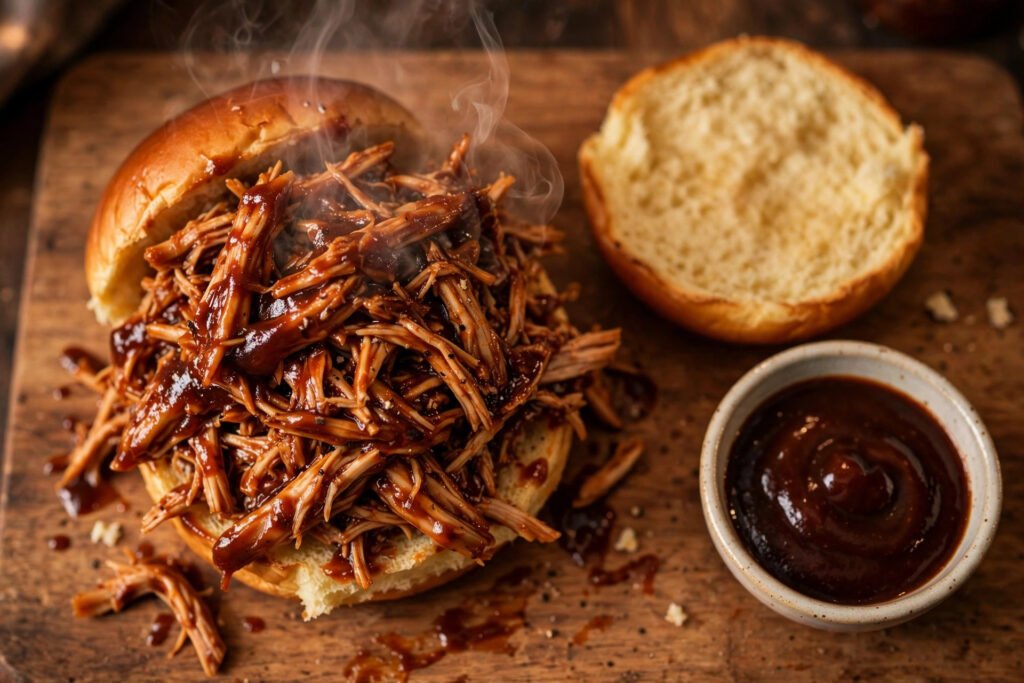 Slow cooker pulled BBQ chicken shredded and coated in barbecue sauce, served on a bun
