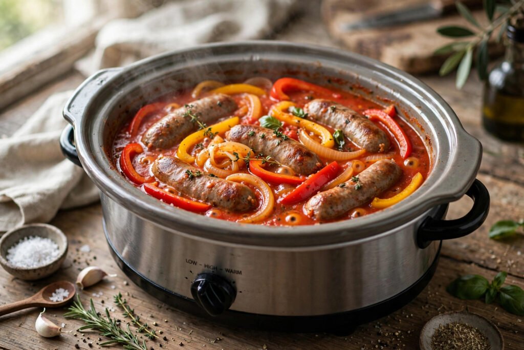 Slow cooker sausage and peppers in tomato sauce