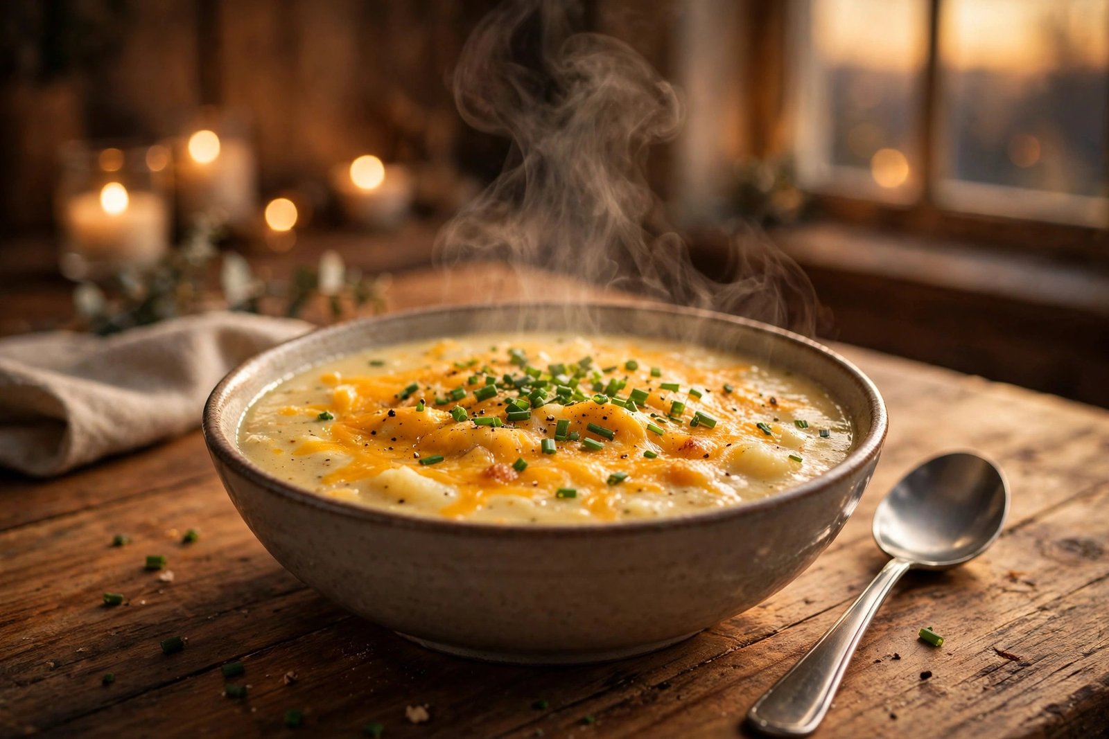 Creamy slow cooker potato soup topped with cheddar