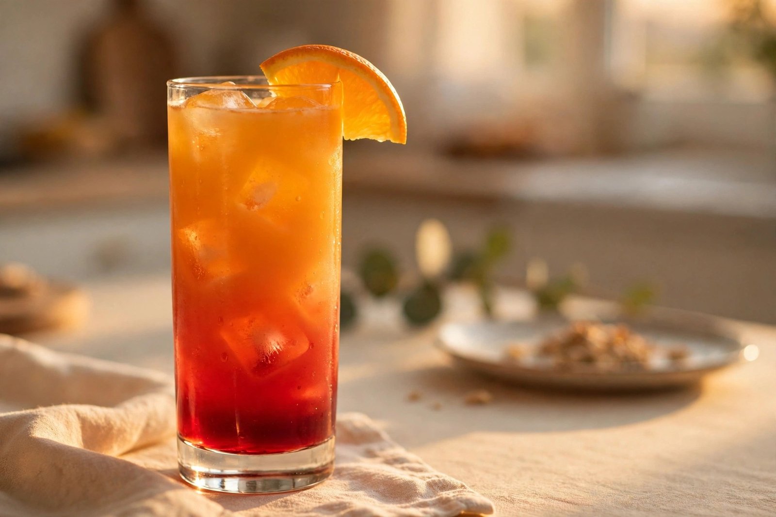 Sunrise sparkler mocktail with orange juice layered over a grenadine-red base