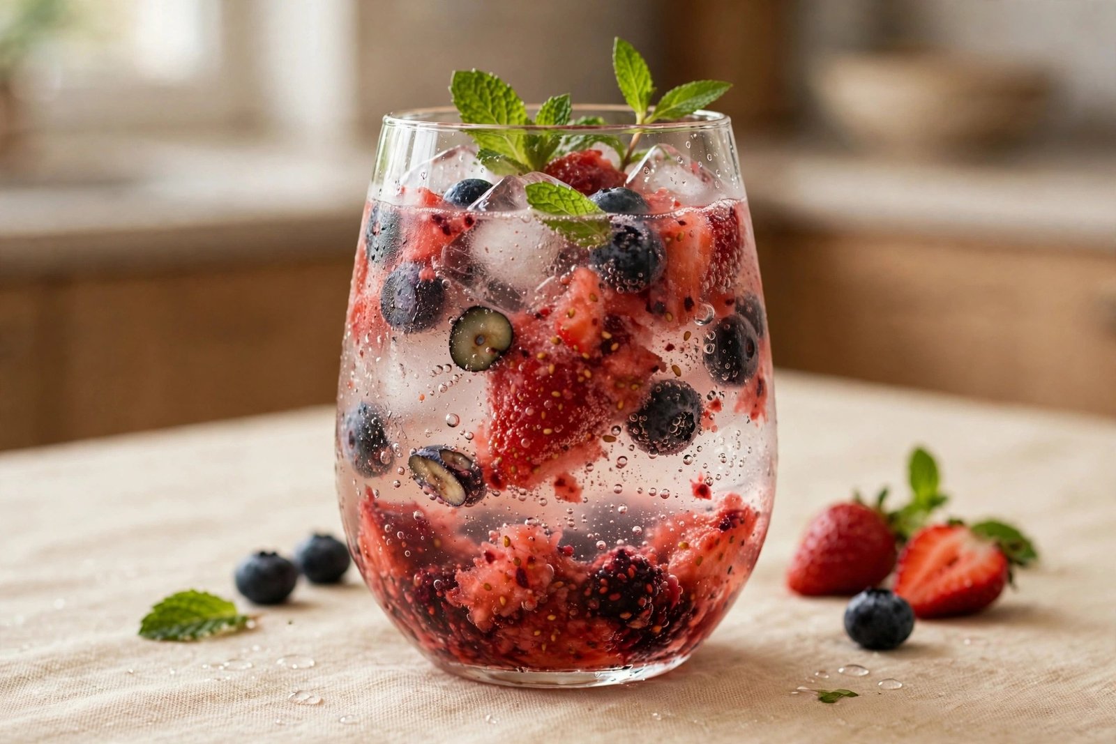 Berry spritz mocktail with muddled strawberries and blueberries and sparkling water