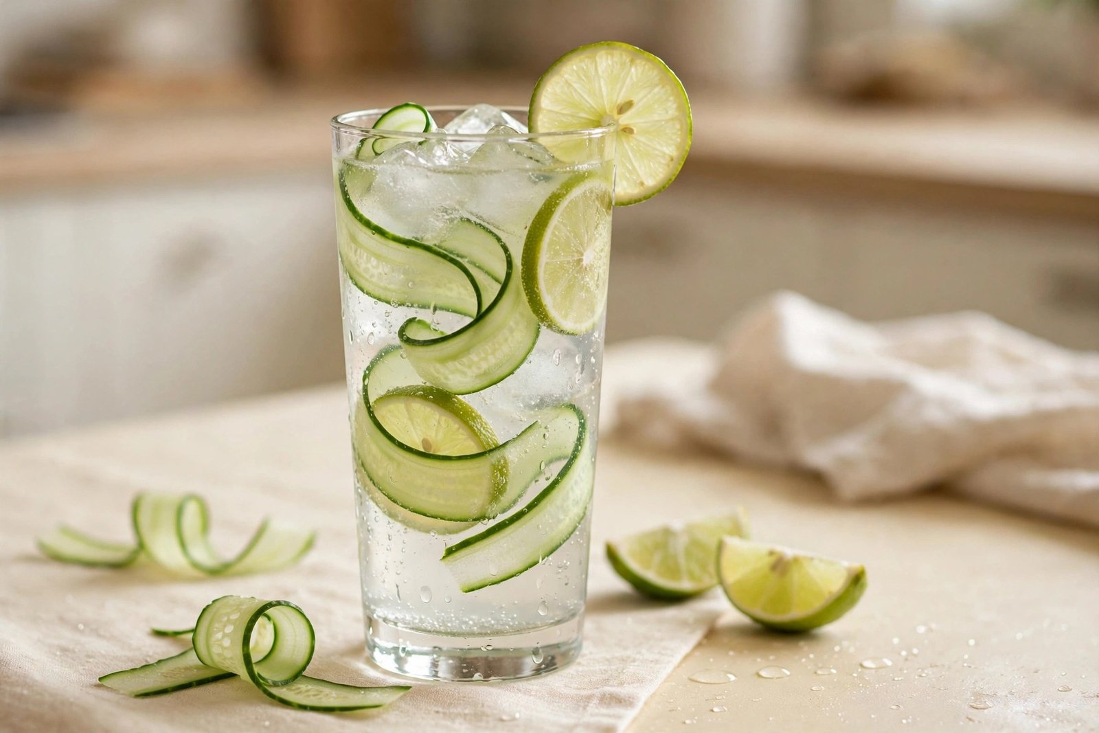 Cucumber lime cooler mocktail with cucumber ribbons and lime in a tall glass