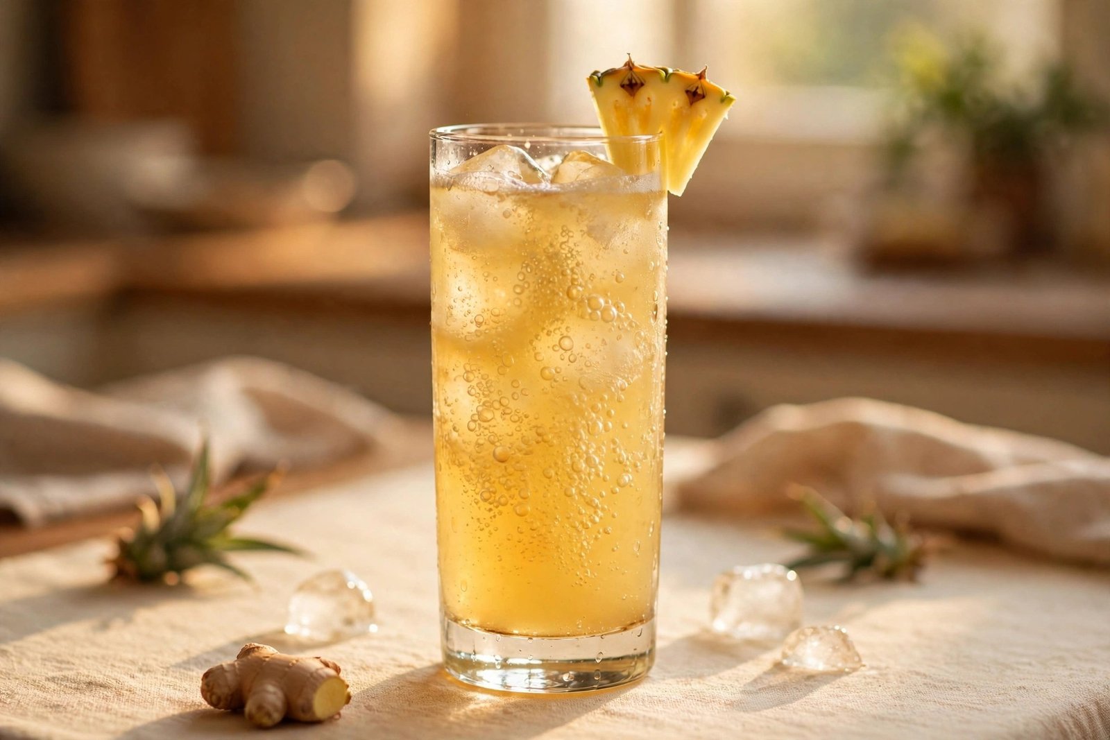 Pineapple ginger fizz mocktail with a pineapple wedge garnish in a tall glass