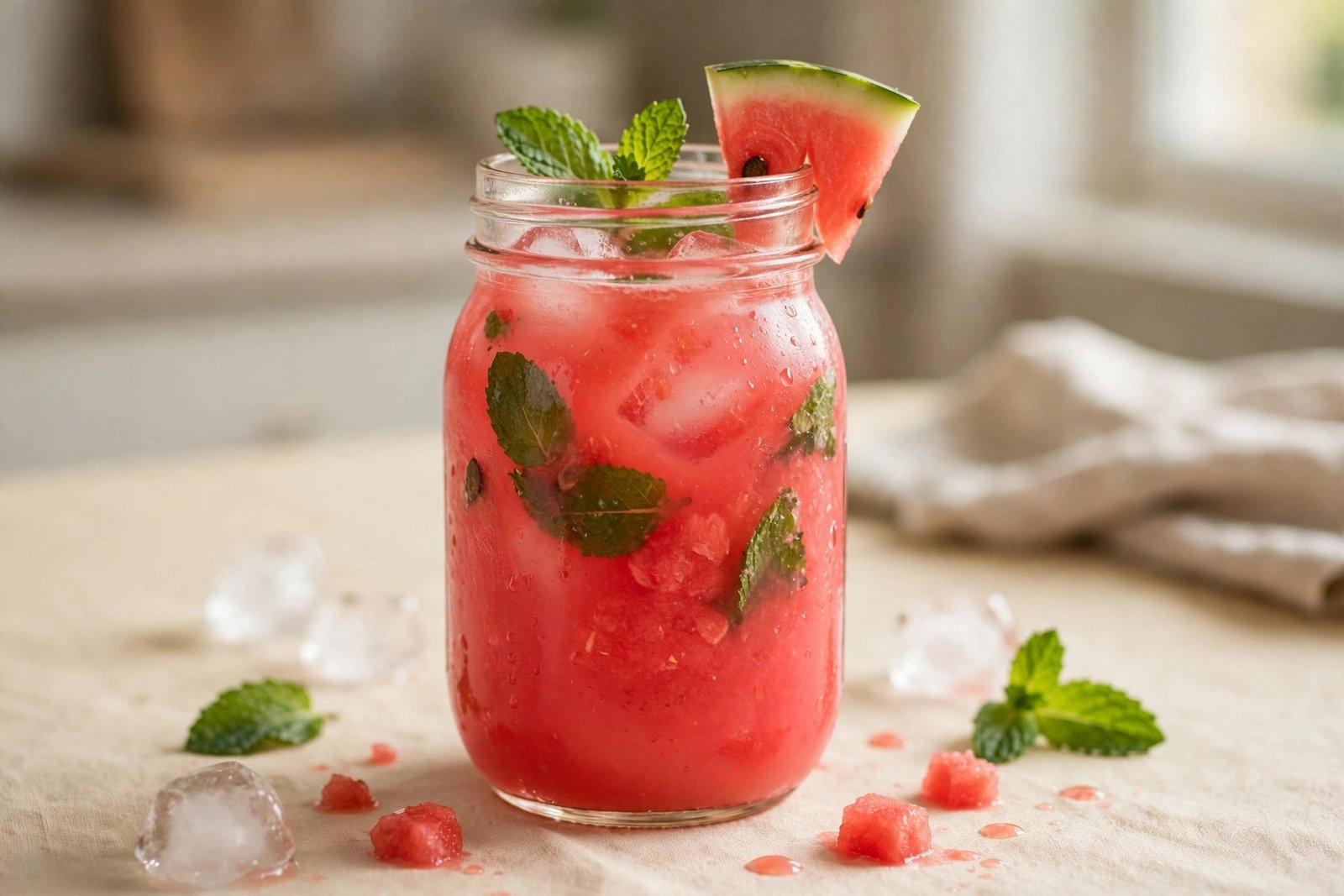 Watermelon cooler mocktail in a mason jar with mint and a watermelon wedge
