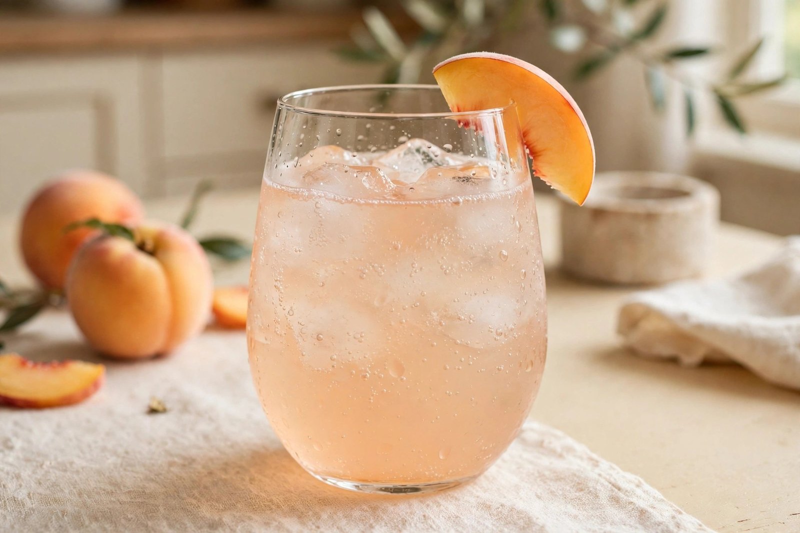 Peach sparkler mocktail with a peach slice garnish in a stemless glass