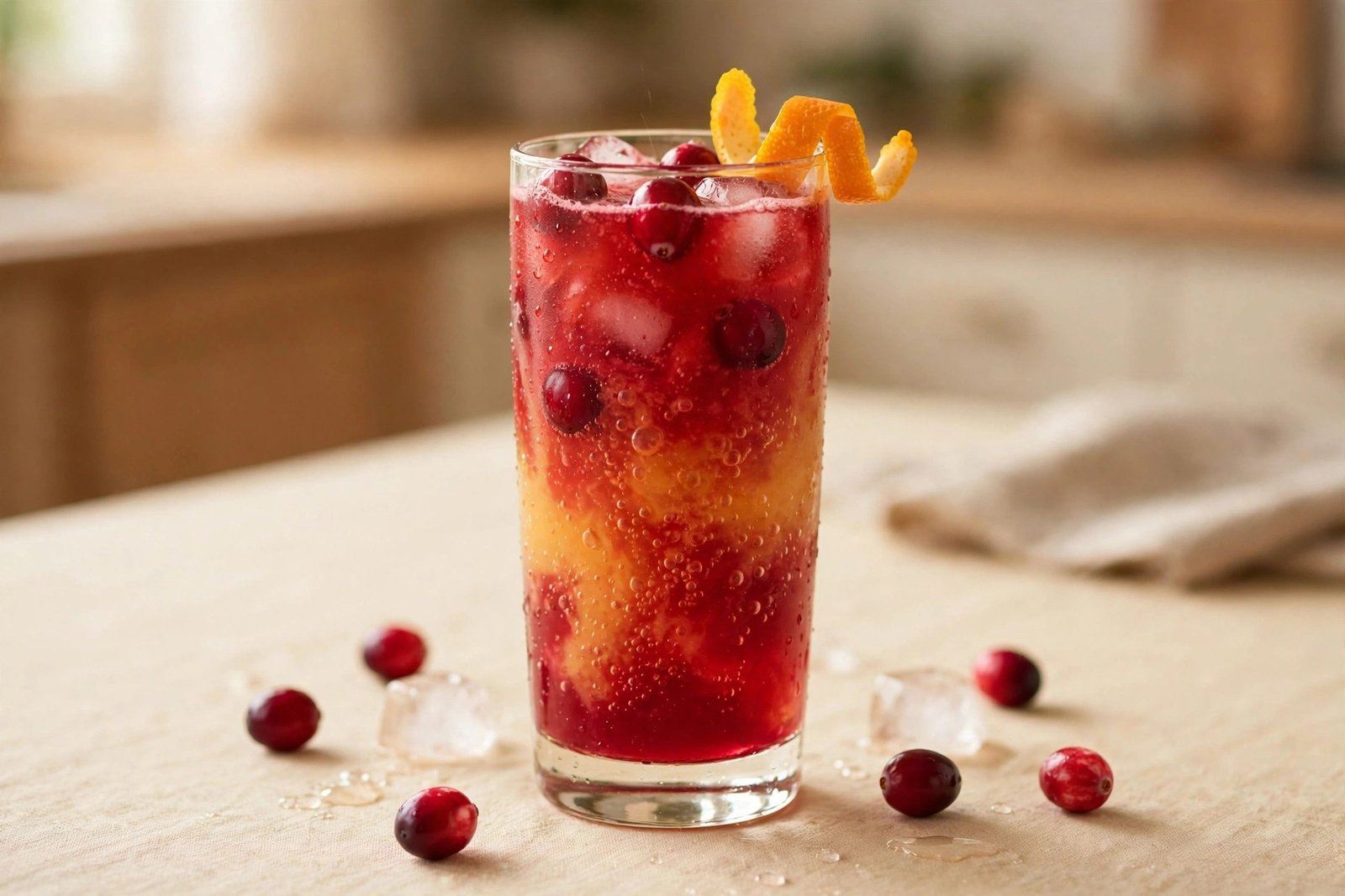 Cranberry orange sparkler mocktail with fresh cranberries and orange in a tall glass