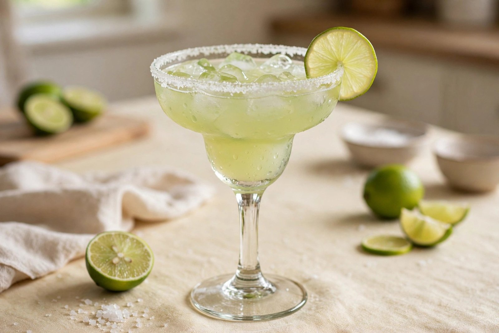 Virgin margarita mocktail with a salted rim and lime wheel in a margarita glass