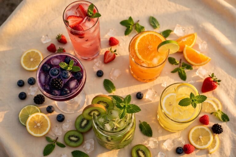 A spread of colourful non-alcoholic mocktails on a table